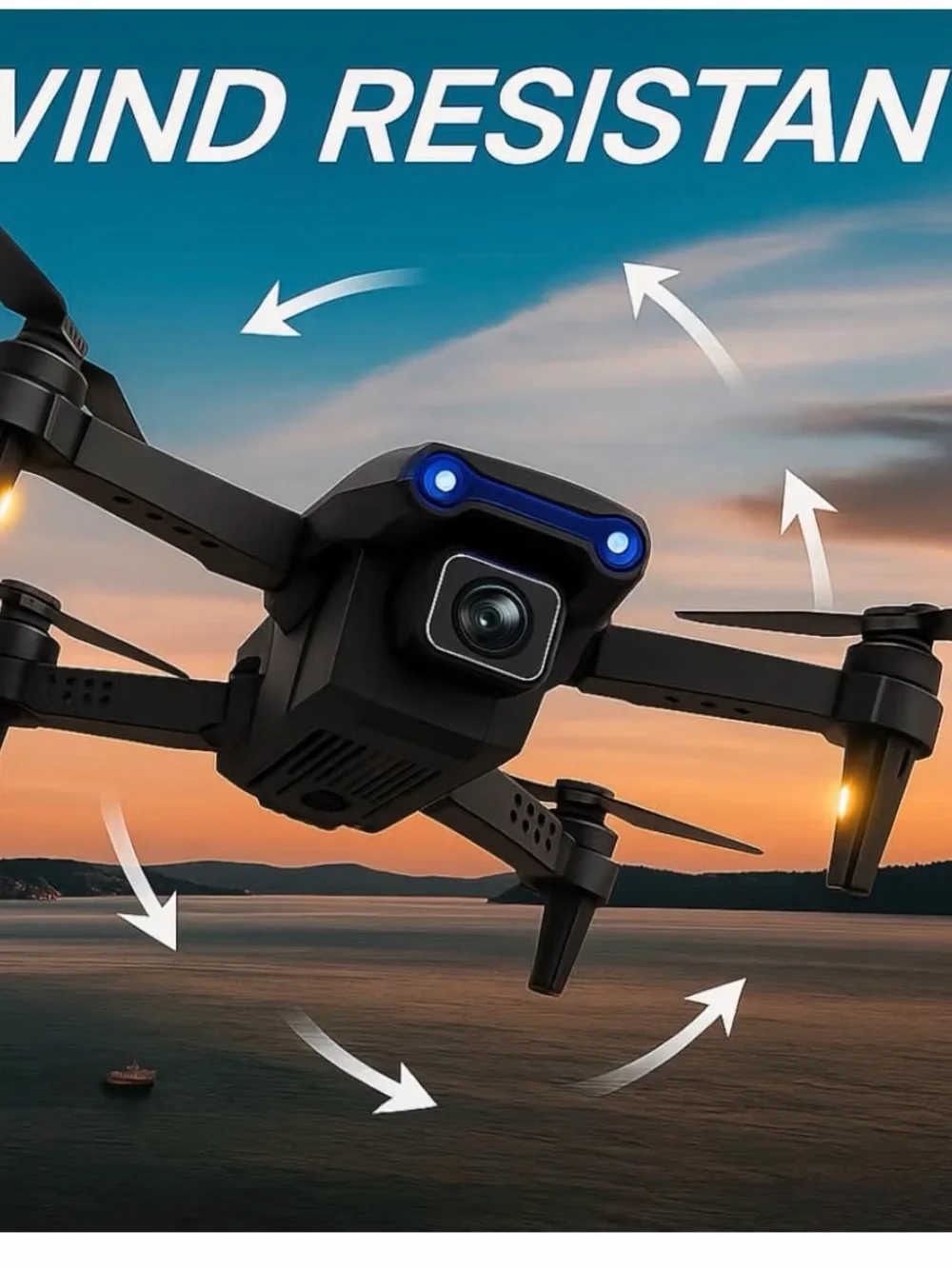 Black Foldable Camera Drone with Blue LED - High-Stability Quadcopter